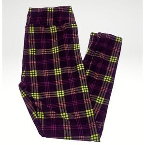 LuLaRoe Womens Leggings OS Black Purple Neon Green Plaid Stripes‎ One Size NWT